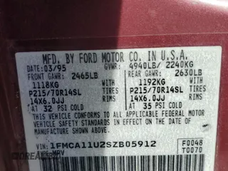 1995 Ford Aerostar with VIN 1FMCA11U2SZB05912, listed as a Copart auction lot 78387534 with 68,058 mi miles and Clean Title. Bid and sale history available at carsss.com. Image 13.