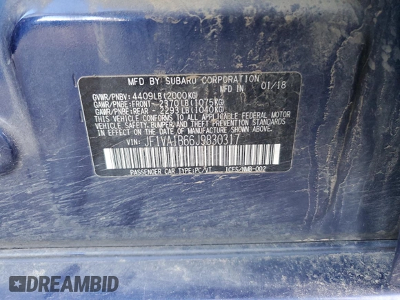 2018 Subaru WRX Premium z VIN JF1VA1B66J9830317, wystawiony jako Copart lot #85332354 z przebiegiem 94 273 mil mil oraz Szkoda całkowita • Salvage title. Historia ofert i sprzedaży dostępna na DreamBid. Obrazek 14.