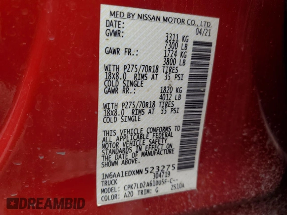 2021 Nissan Titan SL с VIN 1N6AA1EDXMN523275, выставлен на аукционе Copart как лот 55759185 с пробегом 65 600 миль миль и Списание • Salvage title. История ставок и продаж доступна на DreamBid. Изображение 12.