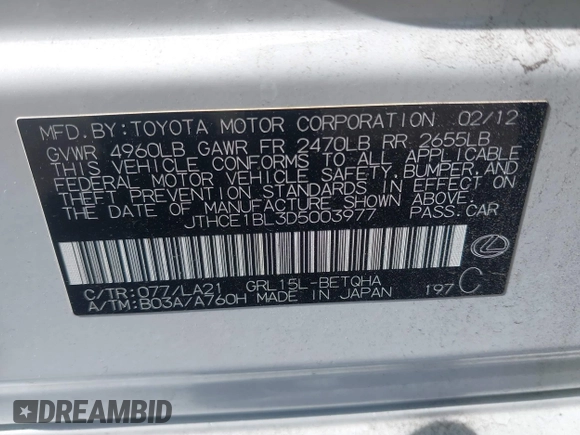 2013 Lexus GS with VIN JTHCE1BL3D5003977, listed as a IAAI auction lot 41620845 with 90,842 mi miles and . Bid and sale history available at carsss.com. Image 9.