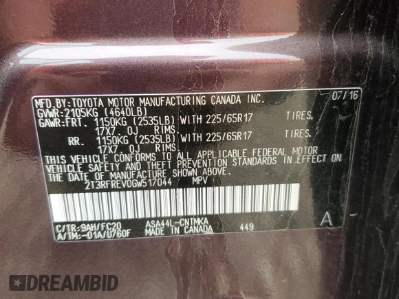 2016 Toyota RAV4 XLE with VIN 2T3RFREV0GW517044, listed as a Copart auction lot 59749195 with 81,834 mi miles and Salvage title. Bid and sale history available at DreamBid. Image 14.