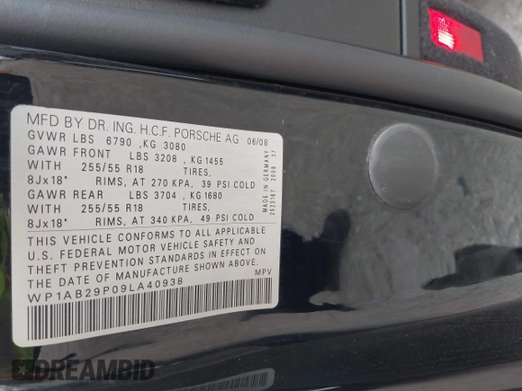2009 Porsche Cayenne S with VIN WP1AB29P09LA40938, listed as a IAAI auction lot 41525123 with 223,076 mi miles and . Bid and sale history available at DreamBid. Image 9.
