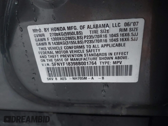 2008 Honda Pilot SE with VIN 5FNYF18398B001764, listed as a IAAI auction lot 41865212 with 355,052 mi miles and . Bid and sale history available at DreamBid. Image 9.
