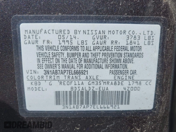 2014 Nissan Sentra SV with VIN 3N1AB7AP7EL666921, listed as a IAAI auction lot 42011775 with 153,728 mi miles and . Bid and sale history available at DreamBid. Image 9.
