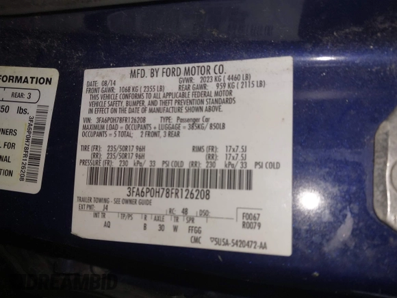 2015 Ford Fusion SE with VIN 3FA6P0H78FR126208, listed as a IAAI auction lot 41561189 with 146,250 mi miles and . Bid and sale history available at DreamBid. Image 9.