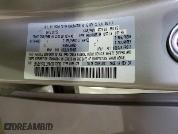 2022 Mazda 3 Premium with VIN 3MZBPADL3NM317206, listed as a Copart auction lot 76184724 with 24,134 mi miles and Salvage Title. Bid and sale history available at DreamBid. Image 14.