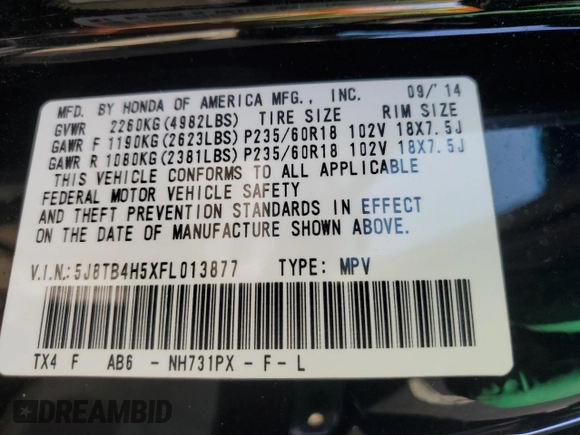 2015 Acura RDX Tech Pkg with VIN 5J8TB4H5XFL013877, listed as a Copart auction lot 48183875 with 92,081 mi miles and Salvage Title. Bid and sale history available at carsss.com. Image 13.
