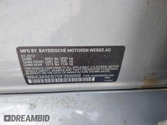 2013 BMW 3 Series 328i with VIN WBA3A5C57DF356069, listed as a IAAI auction lot 42078635 with 140,669 mi miles. Bid and sale history available at carsss.com. Image 9.