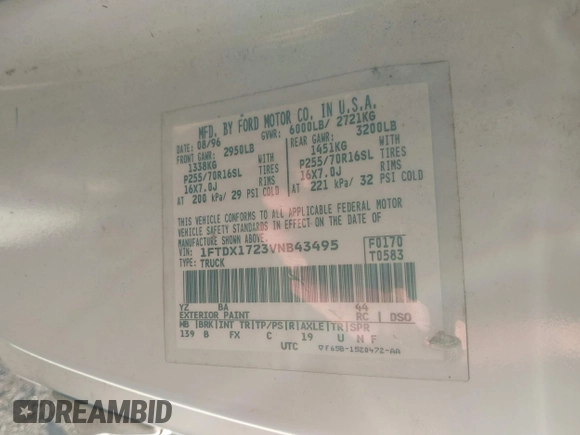 1997 Ford F-150 with VIN 1FTDX1723VNB43495, listed as a IAAI auction lot 41285015 with 201,727 mi miles and . Bid and sale history available at DreamBid. Image 9.