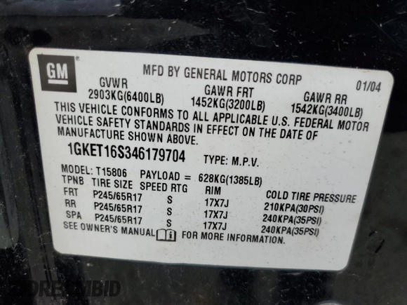2004 GMC Envoy XL SLE with VIN 1GKET16S346179704, listed as a Copart auction lot 73719084 with 0 mi miles and Salvage Title. Bid and sale history available at carsss.com. Image 14.
