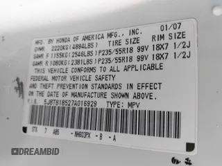 2007 Acura RDX Tech Pkg with VIN 5J8TB18527A016929, listed as a IAAI auction lot 41880875 with 203,278 mi miles. Bid and sale history available at carsss.com. Image 9.