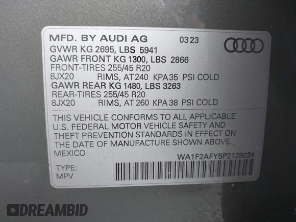 2023 Audi Q5 S line Prestige with VIN WA1F2AFY5P2128024, listed as a IAAI auction lot 41772429 with 10,106 mi miles. Bid and sale history available at carsss.com. Image 9.