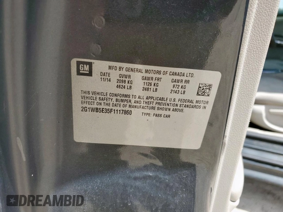 2015 Chevrolet Impala LT with VIN 2G1WB5E35F1117860, listed as a Copart auction lot 61486355 with 149,311 mi miles and Clean title. Bid and sale history available at DreamBid. Image 12.