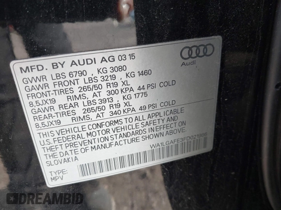 2015 Audi Q7 Premium Plus z VIN WA1LGAFE3FD021986, wystawiony jako IAAI lot #42129938 z przebiegiem 58 501 mil mil oraz . Historia ofert i sprzedaży dostępna na DreamBid. Obrazek 9.