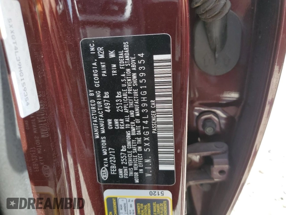 2017 Kia Optima LX with VIN 5XXGT4L39HG159354, listed as a Copart auction lot 51959355 with 61,061 mi miles and Salvage title. Bid and sale history available at DreamBid. Image 12.