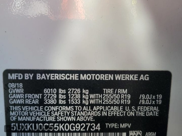 2019 BMW X6 sDrive35i z VIN 5UXKU0C55K0G92734, wystawiony jako Copart lot #81233084 z przebiegiem 60 365 mil mil oraz Szkoda całkowita • Salvage title. Historia ofert i sprzedaży dostępna na DreamBid. Obrazek 12.