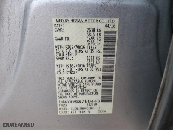 2016 Nissan Frontier S with VIN 1N6AD0EV8GN760443, listed as a Copart auction lot 49040255 with 194,091 mi miles and Salvage Title. Bid and sale history available at carsss.com. Image 13.