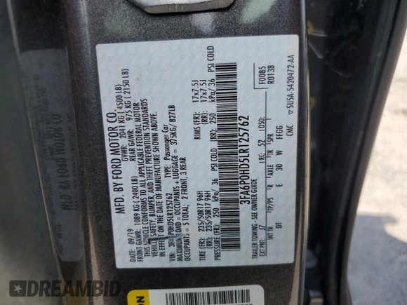 2020 Ford Fusion SE with VIN 3FA6P0HD5LR125762, listed as a Copart auction lot 58671795 with 179,508 mi miles and Clean title. Bid and sale history available at DreamBid. Image 12.