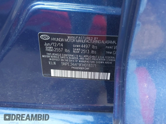 2015 Hyundai Sonata 2.4L Sport with VIN 5NPE34AF9FH018371, listed as a IAAI auction lot 41761866 with 248,069 mi miles. Bid and sale history available at carsss.com. Image 9.