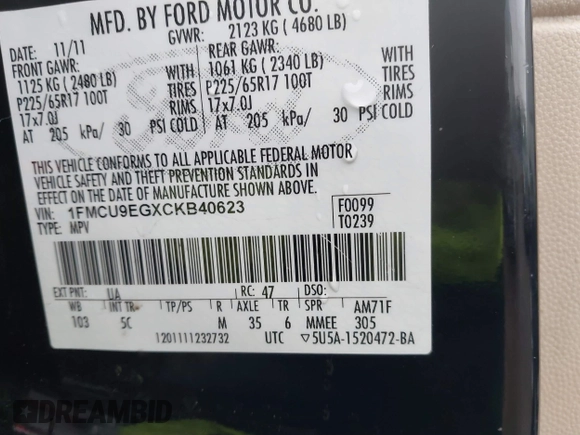 2012 Ford Escape Limited с VIN 1FMCU9EGXCKB40623, выставлен на аукционе IAAI как лот 41493042 с пробегом 121 960 миль миль и . История ставок и продаж доступна на DreamBid. Изображение 9.