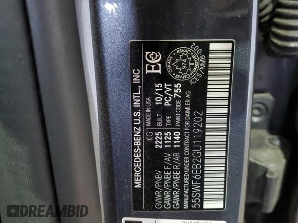 2016 Mercedes-Benz C 450 AMG with VIN 55SWF6EB2GU119202, listed as a Copart auction lot 54475925 with 62,861 mi miles and Salvage title. Bid and sale history available at DreamBid. Image 13.