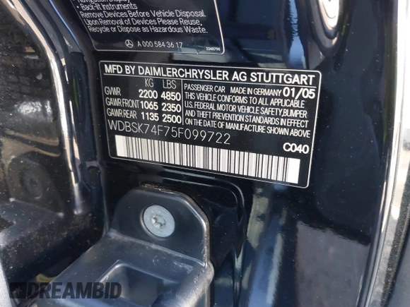 2005 Mercedes-Benz SL 55 AMG with VIN WDBSK74F75F099722, listed as a IAAI auction lot 41308261 with 60,134 mi miles and . Bid and sale history available at DreamBid. Image 9.
