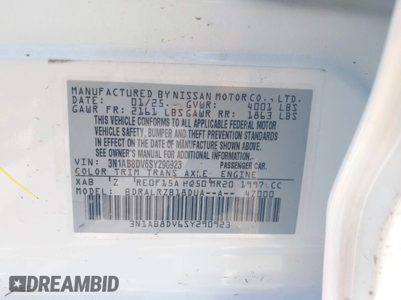 2025 Nissan Sentra SR with VIN 3N1AB8DV6SY290923, listed as a IAAI auction lot 41952715 with 2,406 mi miles and . Bid and sale history available at DreamBid. Image 9.