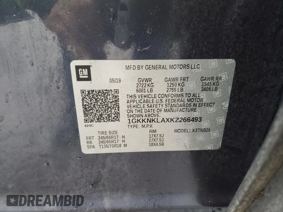 2019 GMC Acadia SLE with VIN 1GKKNKLAXKZ266493, listed as a Copart auction lot 87085224 with 70,655 mi miles and Salvage Title. Bid and sale history available at carsss.com. Image 13.