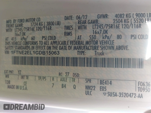 2012 Ford Econoline Cargo Commercial with VIN 1FTNE2EL1CDB15063, listed as a IAAI auction lot 41861426 with 167,961 mi miles and . Bid and sale history available at DreamBid. Image 9.