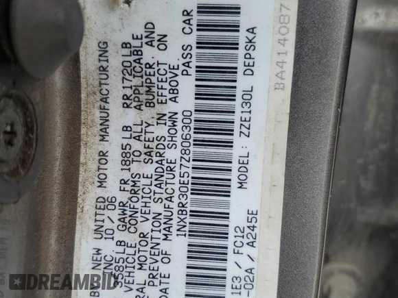 2007 Toyota Corolla CE with VIN 1NXBR30E57Z806300, listed as a Copart auction lot 62551425 with 156,778 mi miles and Salvage title. Bid and sale history available at DreamBid. Image 12.