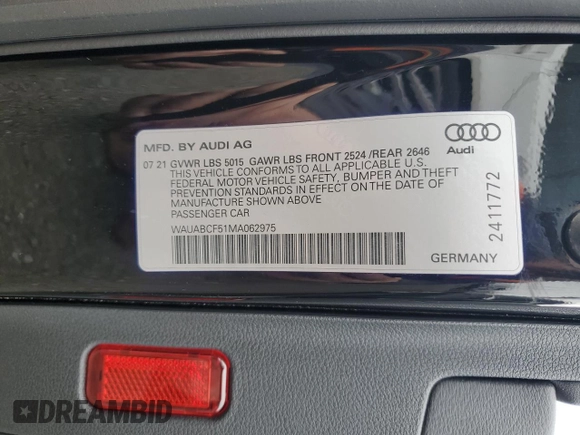 2021 Audi A5 Sportback Premium with VIN WAUABCF51MA062975, listed as a Copart auction lot 45342854 with 43,582 mi miles and . Bid and sale history available at DreamBid. Image 12.