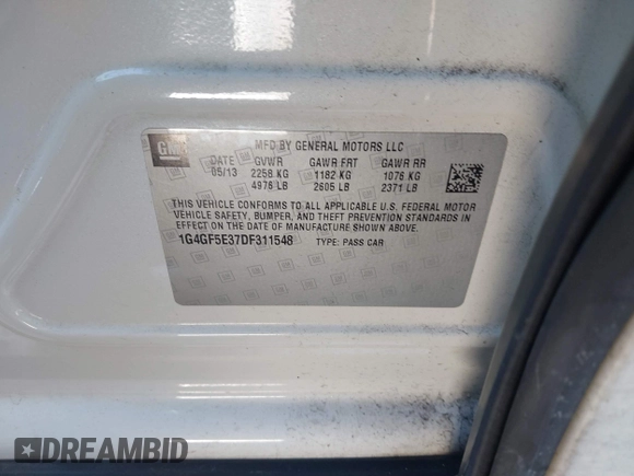 2013 Buick LaCrosse Premium 1 with VIN 1G4GF5E37DF311548, listed as a IAAI auction lot 41358957 with 160,612 mi miles and . Bid and sale history available at DreamBid. Image 9.