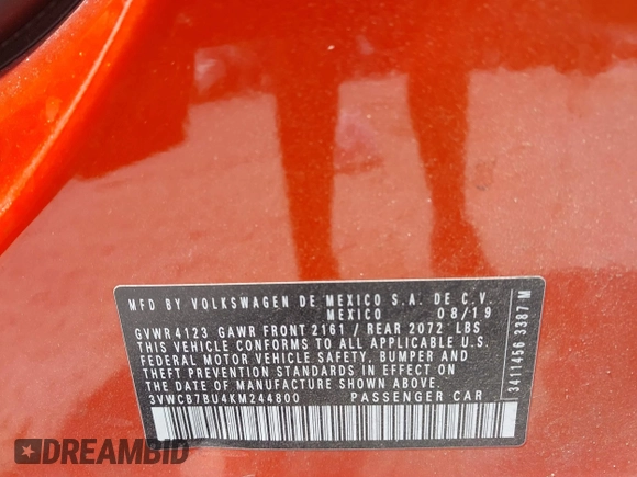2019 Volkswagen Jetta S с VIN 3VWCB7BU4KM244800, выставлен на аукционе IAAI как лот 42113184 с пробегом 41 365 миль миль и . История ставок и продаж доступна на DreamBid. Изображение 9.