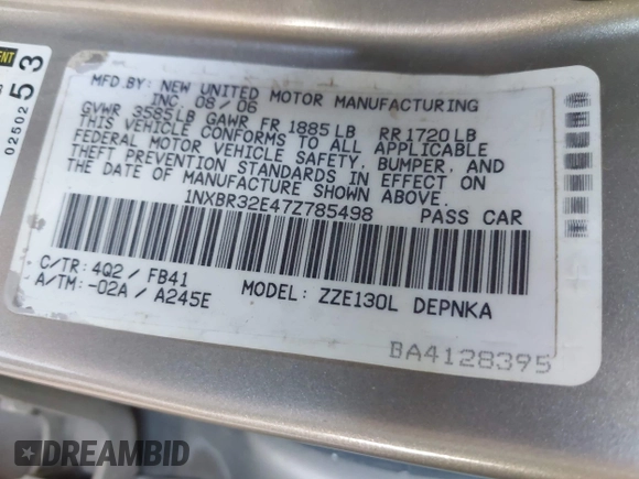 2007 Toyota Corolla CE with VIN 1NXBR32E47Z785498, listed as a IAAI auction lot 42251546 with 138,678 mi miles and . Bid and sale history available at DreamBid. Image 9.
