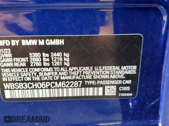 2023 BMW M5 with VIN WBS83CH06PCM62287, listed as a Copart auction lot 54581894 with 0 mi miles and Salvage Title. Bid and sale history available at carsss.com. Image 12.