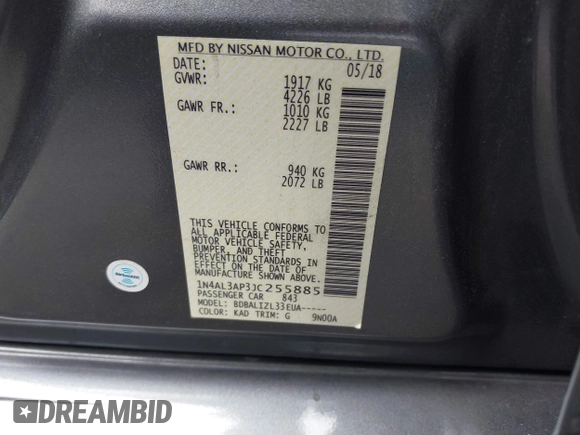 2018 Nissan Altima SV with VIN 1N4AL3AP3JC255885, listed as a IAAI auction lot 42033198 with 134,998 mi miles and . Bid and sale history available at DreamBid. Image 9.