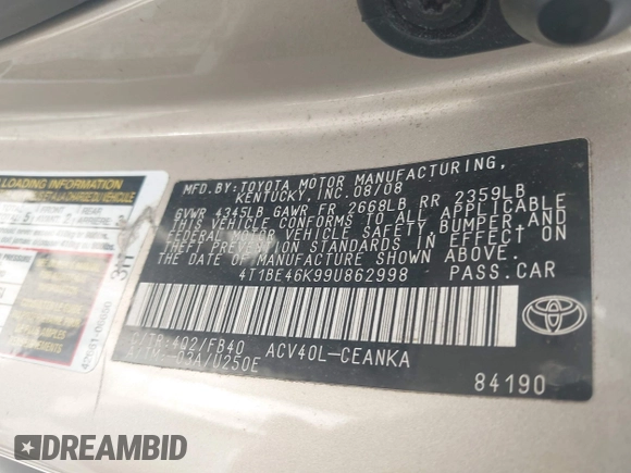 2009 Toyota Camry z VIN 4T1BE46K99U862998, wystawiony jako IAAI lot #42254132 z przebiegiem 180 000 mil mil oraz . Historia ofert i sprzedaży dostępna na DreamBid. Obrazek 9.