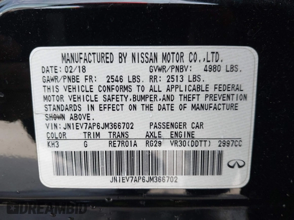 2018 Infiniti Q50 Sport with VIN JN1EV7AP6JM366702, listed as a IAAI auction lot 41852058 with 60,472 mi miles and . Bid and sale history available at carsss.com. Image 9.