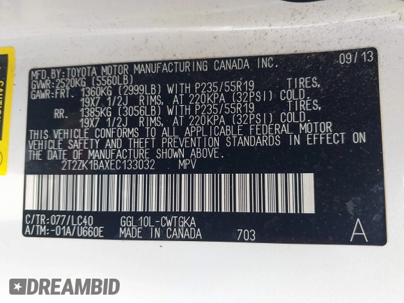 2014 Lexus RX 350 with VIN 2T2ZK1BAXEC133032, listed as a IAAI auction lot 42269046 with 120,532 mi miles and . Bid and sale history available at DreamBid. Image 9.