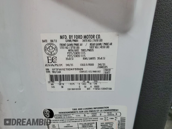2013 Ford F-150 XL with VIN 1FTFW1ET0DKF55929, listed as a Copart auction lot 60686355 with 181,352 mi miles and Salvage title. Bid and sale history available at DreamBid. Image 14.