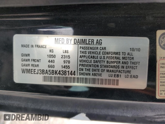 2011 Smart fortwo Pure with VIN WMEEJ3BA5BK438144, listed as a Copart auction lot 51934465 with 135,584 mi miles and Salvage title. Bid and sale history available at DreamBid. Image 12.
