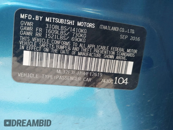 2017 Mitsubishi Mirage ES z VIN ML32F3FJ1HHF12619, wystawiony jako IAAI lot #42009191 z przebiegiem 81 701 mil mil oraz . Historia ofert i sprzedaży dostępna na DreamBid. Obrazek 9.