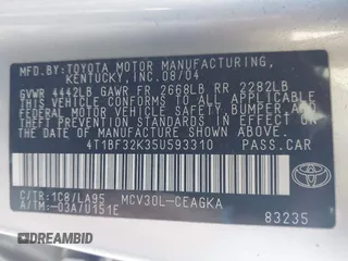 2005 Toyota Camry LE with VIN 4T1BF32K35U593310, listed as a IAAI auction lot 41997349 with 346,020 mi miles and . Bid and sale history available at DreamBid. Image 9.