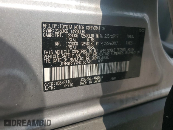 2023 Toyota RAV4 Hybrid XLE with VIN JTMRWRFV7PD166743, listed as a Copart auction lot 59964505 with 87,404 mi miles and Salvage title. Bid and sale history available at DreamBid. Image 14.
