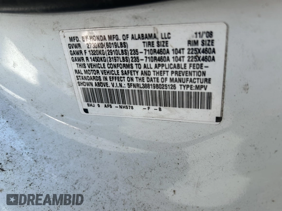 2009 Honda Odyssey Touring with VIN 5FNRL38819B025126, listed as a IAAI auction lot 42219263 with 187,191 mi miles and . Bid and sale history available at carsss.com. Image 9.