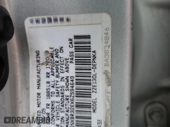 2006 Toyota Corolla CE with VIN 1NXBR32EX6Z594649, listed as a Copart auction lot 54328425 with 215,180 mi miles and Salvage Title. Bid and sale history available at DreamBid. Image 12.