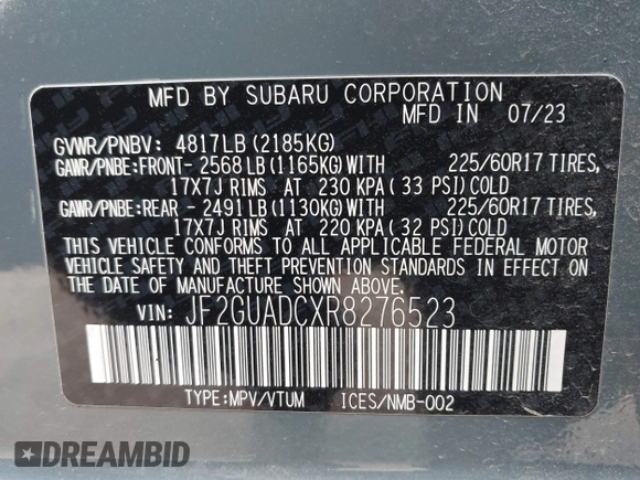 2024 Subaru Crosstrek Premium with VIN JF2GUADCXR8276523, listed as a IAAI auction lot 41538286 with 5,311 mi miles and . Bid and sale history available at DreamBid. Image 9.