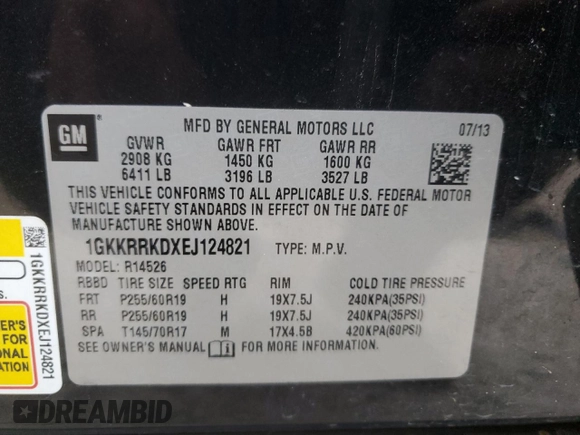 2014 GMC Acadia SLT z VIN 1GKKRRKDXEJ124821, wystawiony jako Copart lot #50989945 z przebiegiem 125 355 mil mil oraz Szkody całkowita. Historia ofert i sprzedaży dostępna na DreamBid. Obrazek 16.