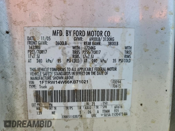 2006 Ford F-150 XLT with VIN 1FTRW14W66KB71021, listed as a Copart auction lot 62283652 with 214,973 mi miles and Salvage Title. Bid and sale history available at carsss.com. Image 10.