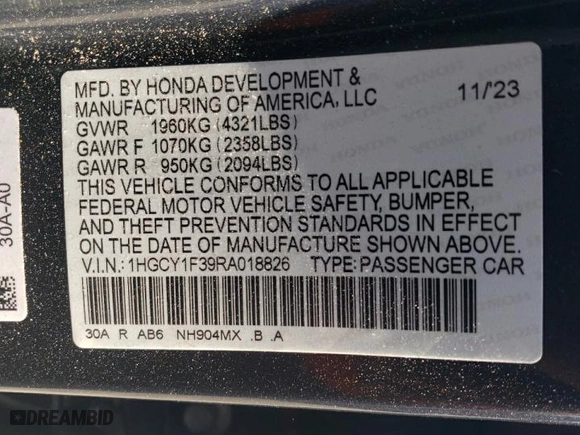 2024 Honda Accord Sedan EX with VIN 1HGCY1F39RA018826, listed as a Copart auction lot 74720004 with 22,387 mi miles and Salvage Title. Bid and sale history available at carsss.com. Image 15.